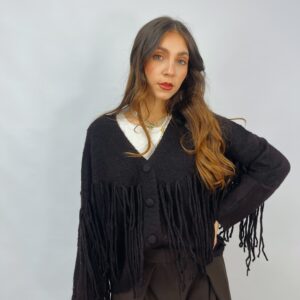 Cardigan morbido con frange in misto lana
